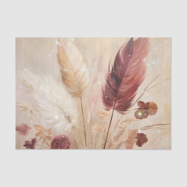 Red Cream Boho Feather Floral Seidenpapier (Vorderseite)