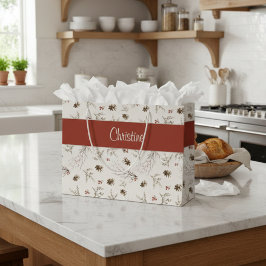 Red Cream Boho Woodland Winterberry Monogram Name Große Geschenktüte