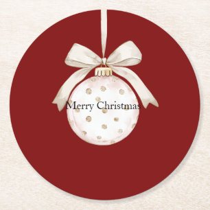 Red Cream Dots Bow Ornament Weihnachten Runder Pappuntersetzer