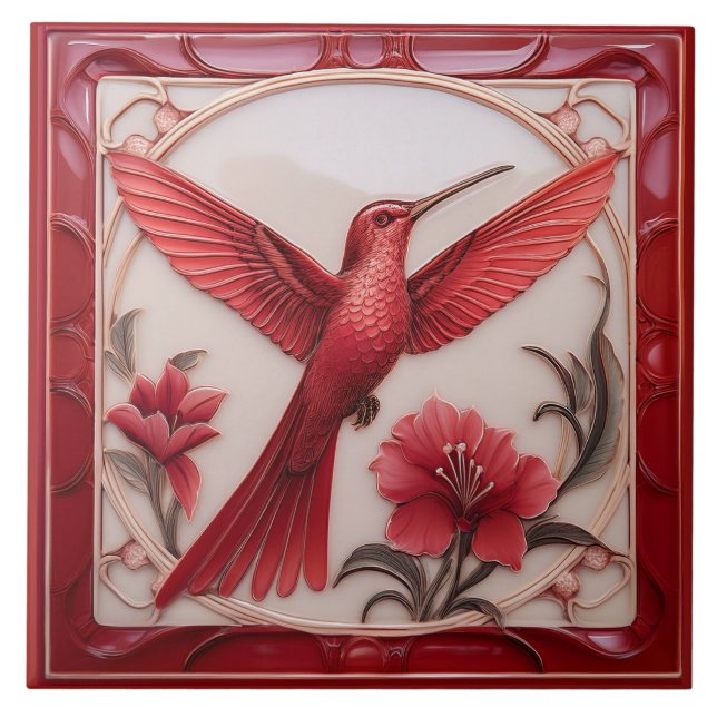 Red & cream faux relief Art Nouveau Hummingbird R Fliese (Vorderseite)