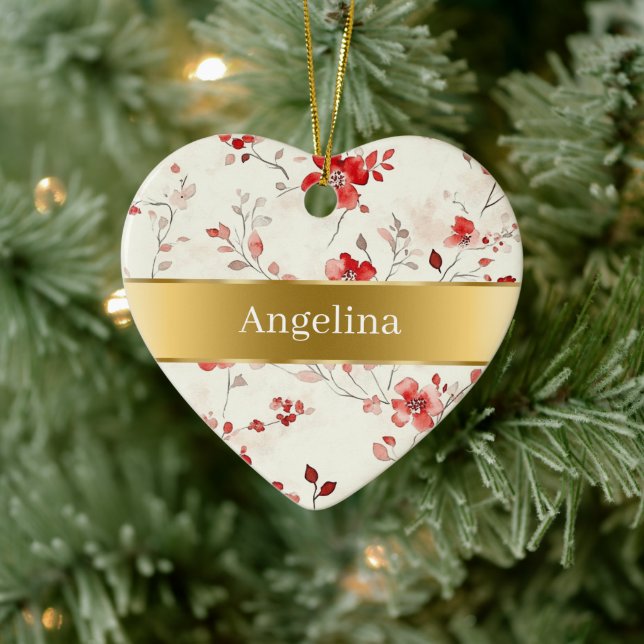 Red Cream Flowers Gold Ribbon Christmas Keramik Ornament (Baum)