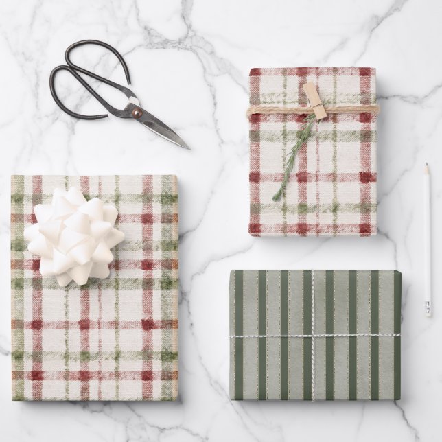 Red Cream Green Stripes Christmas Geschenkpapier Set (Vorderseite)