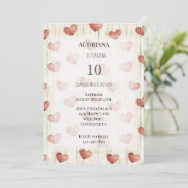 Red Cream Hearts Imitats Wood Birthday Einladung