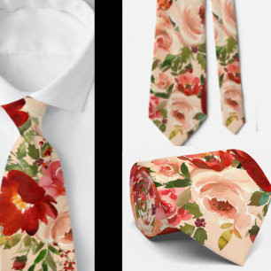 Red Cream Ivory Rose Floral Neck Tie Krawatte