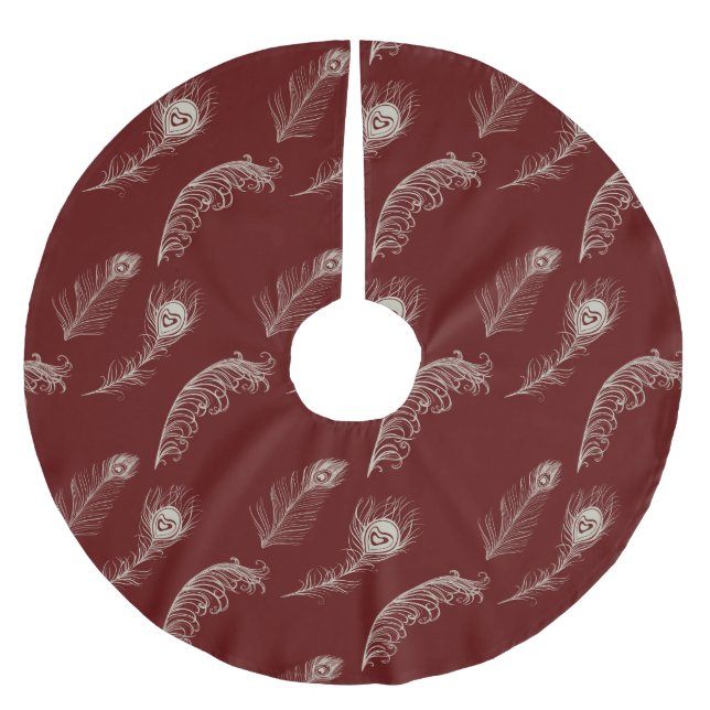 Red Cream Peacock Feathers Weihnachten Polyester Weihnachtsbaumdecke (Vorderseite)