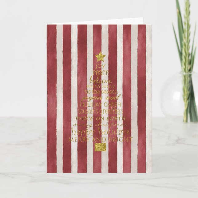 Red Cream Stripes Gold Merry Christmas Tree Karte (Vorderseite)