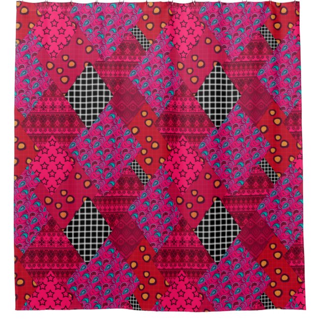 Red Crimson Colorful Patchwork Duschvorhang (Vorderseite)