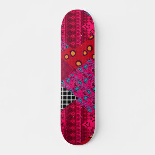Red Crimson Colorful Patchwork Skateboard