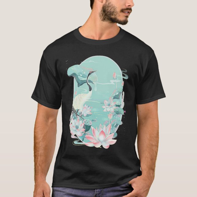Red Crowned Crane Bird Water Lily Lotus Flower Chi T-Shirt (Vorderseite)