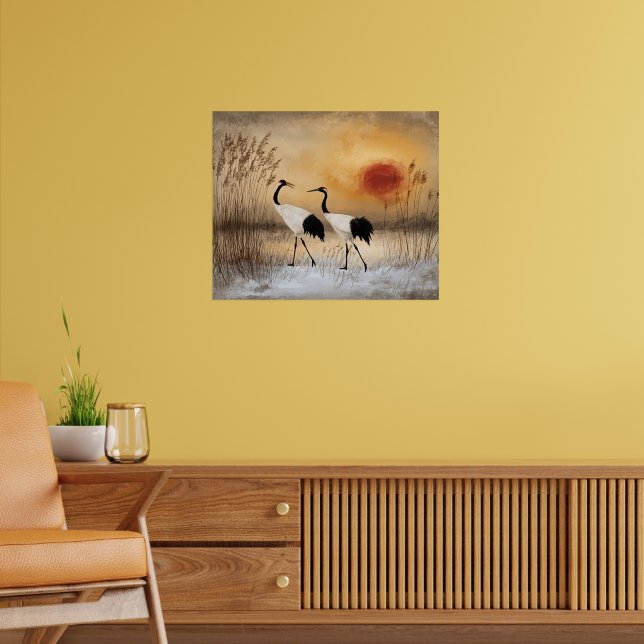 Red crowned cranes, watercolor artwork, poster (Wohnzimmer 2)