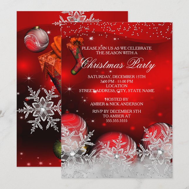 Red Crystal Snowflake Weihnachts-Party Einladung (Vorne/Hinten)