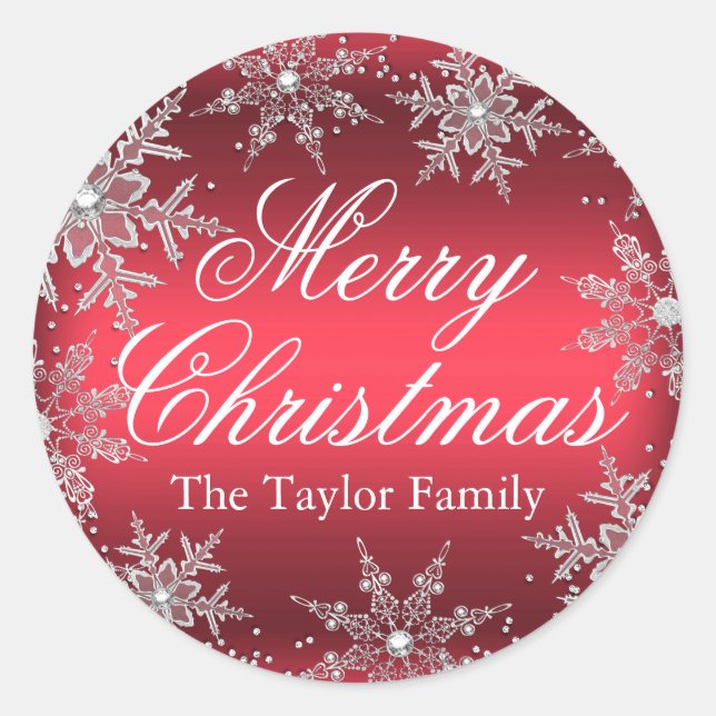 Red Crystal Snowflake Weihnachtsaufkleber Runder Aufkleber (Vorderseite)