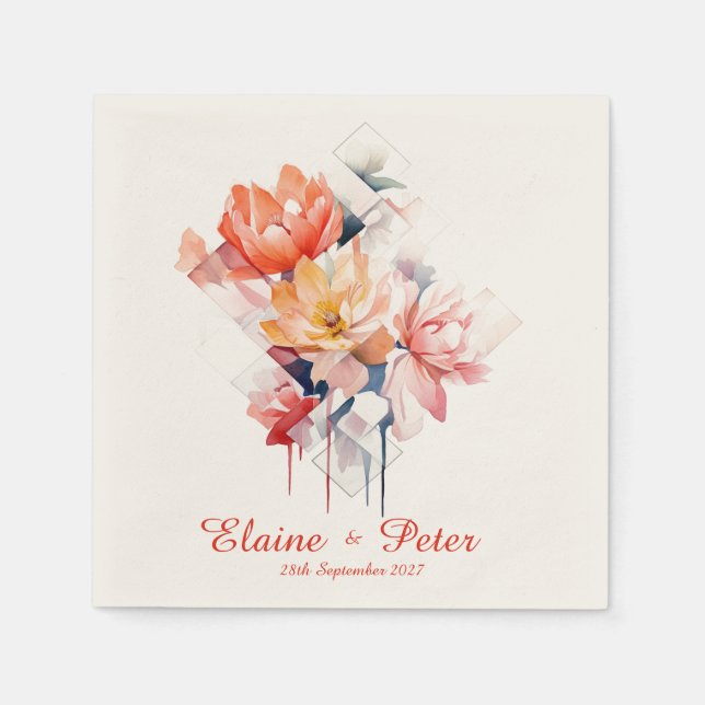 Red Cubes&Flowers: Personalized Wedding Napkins Serviette (Vorderseite)