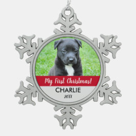 Red Custom Dog Foto Welpe's First Christmas Schneeflocken Zinn-Ornament