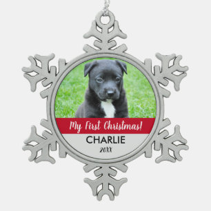 Red Custom Dog Foto Welpe's First Christmas Schneeflocken Zinn-Ornament