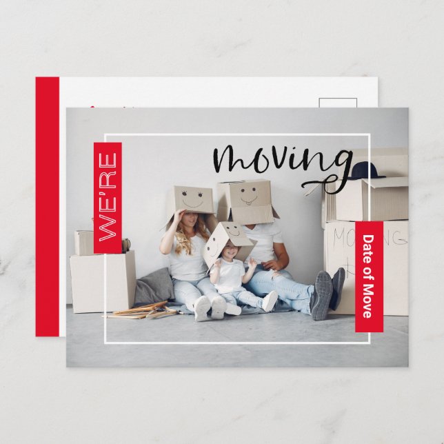 Red Custom Foto Moving Announcement Card Postkarte (Vorne/Hinten)