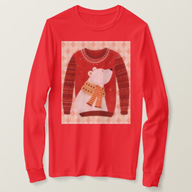 Red Cute Polar Bear Ugly Sweater Art on T-Shirt (Design vorne)