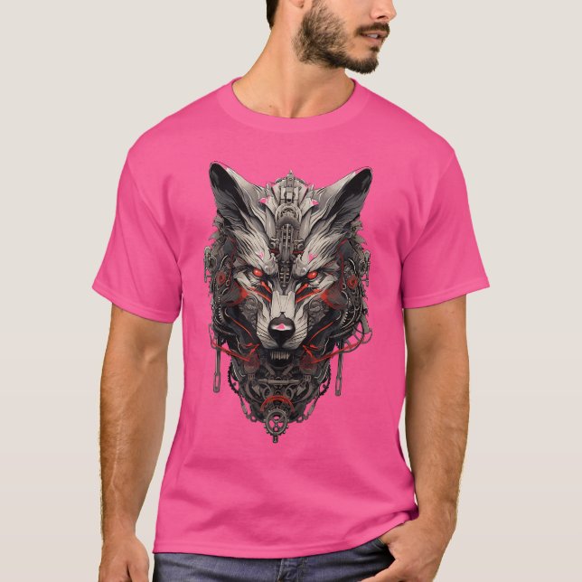 Red Cyborg Wolf Mecha Cyberpunk T-Shirt (Vorderseite)