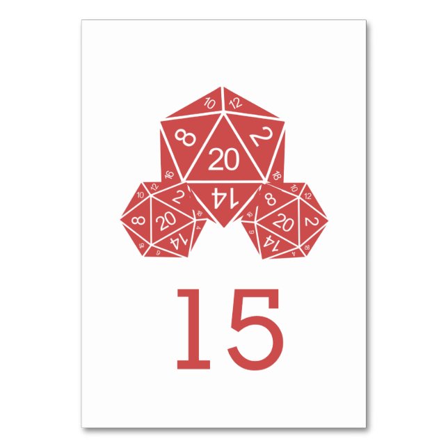 Red D20 Dice Wedding Table Card Tischnummer (Vorderseite)