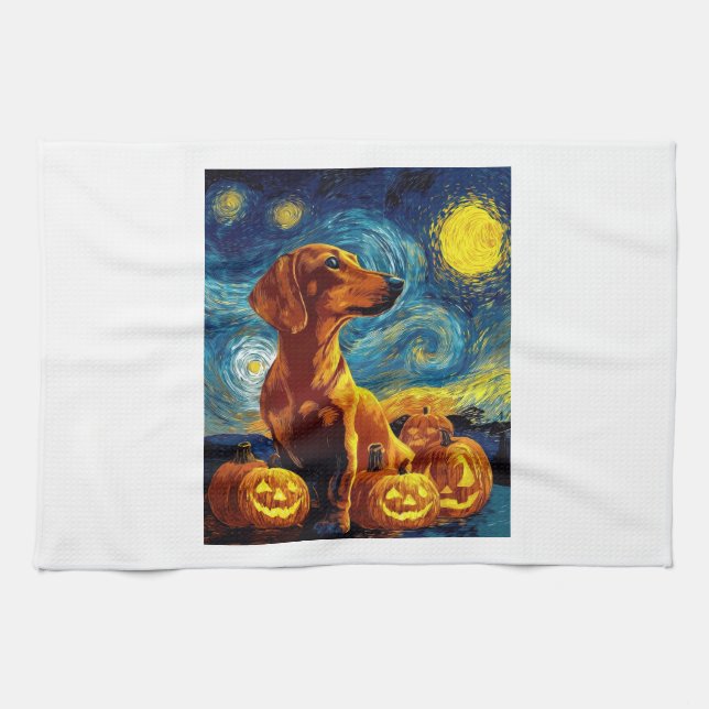 Red Dachshund of van gogh starry night halloween F Geschirrtuch (Horizontal)