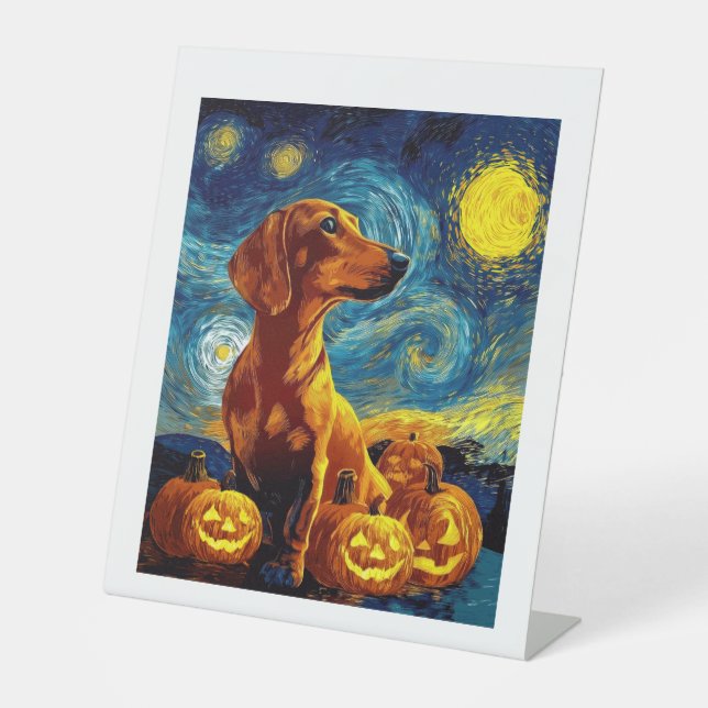 Red Dachshund of van gogh starry night halloween F Sockelschild (Vorderseite)