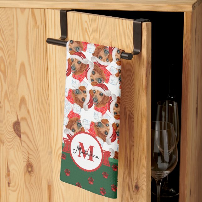 Red Dackel Pattern Monogram Christmas Dog Geschirrtuch (Drittel gefaltet)
