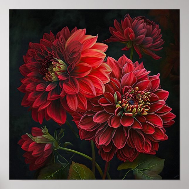 Red Dahlias Blume Art Print Poster (Vorne)