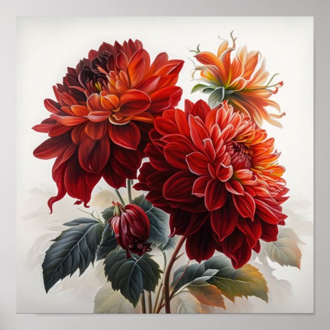 Red Dahlias Blume Art Print Poster (Vorne)