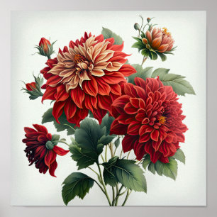 Red Dahlias Blume Art Print Poster