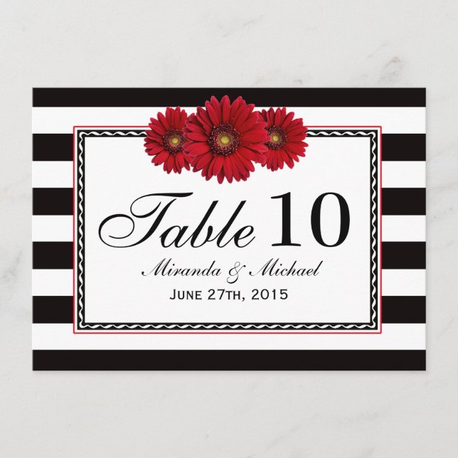Red Daisis and Stripes Wedding Table Cards Einladung (Vorderseite)