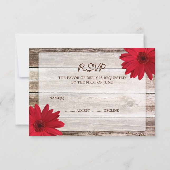 Red Daisy Barn Wood Wedding RSVP Response Card (Vorderseite)