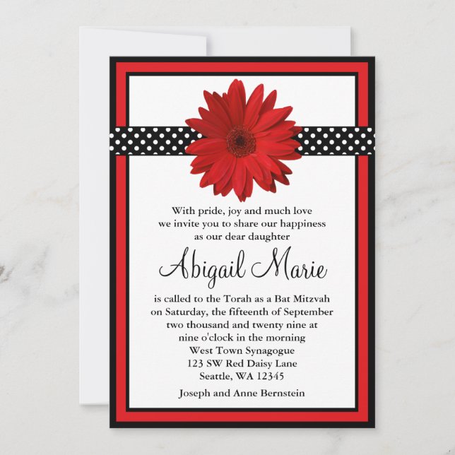 Red Daisy Black Polka Dots Bat Mitzvah Einladung (Vorderseite)
