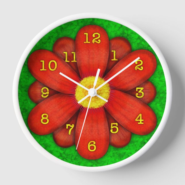Red Daisy Blume auf Green Beautiful Wanduhr (Vorderseite)