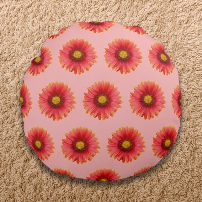 Red Daisy Blume Nahtloses Muster auf Rundkissen Rundes Kissen (Red Daisy flower seamless pattern on round throw pillow)