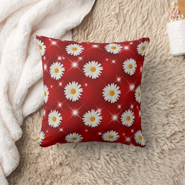 Red Daisy Floral Sparkle Throw Pillow Kissen (Decke)