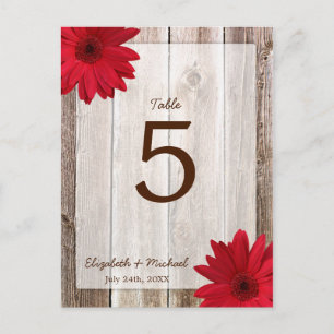 Red Daisy Rustic Barn Wood Wedding Tischnummer