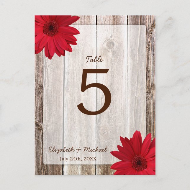 Red Daisy Rustic Barn Wood Wedding Tischnummer (Vorderseite)