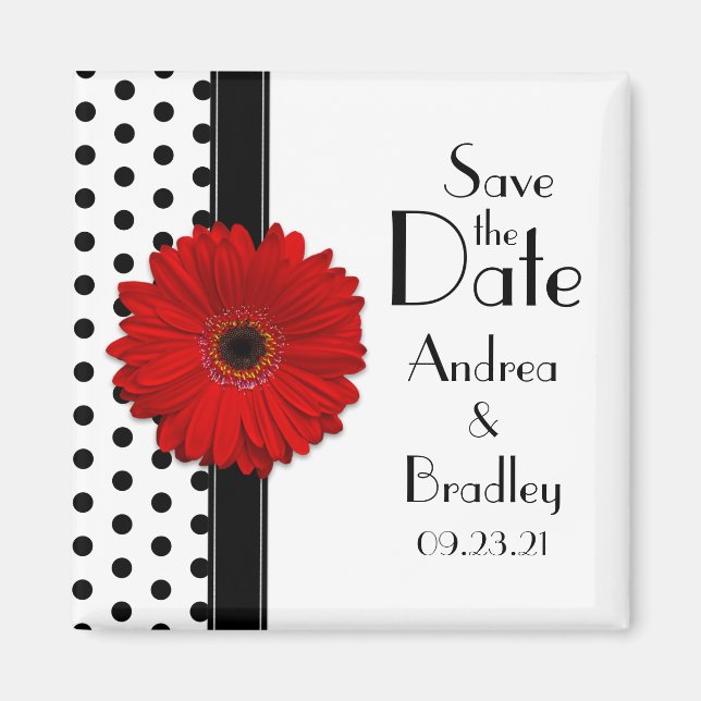 Red Daisy Schwarz-weiß Polka Dot Save the Date Magnet (Vorne)