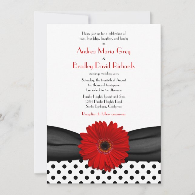 Red Daisy Schwarz-weiß Polka Dot Wedding Einladung (Vorderseite)