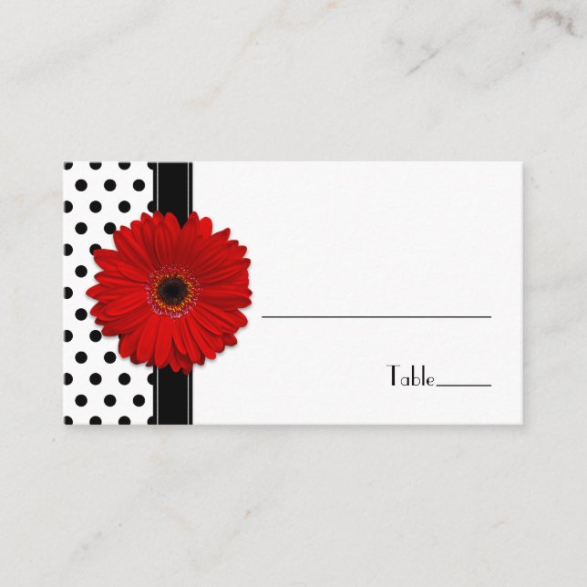 Red Daisy Schwarz-weiß Polka Dot Wedding Platzkart Platzkarte (Vorderseite)