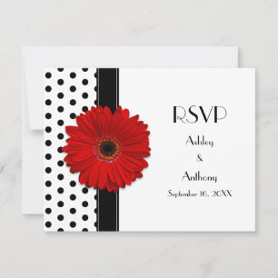 Red Daisy Schwarz-weiß Polka Dot Wedding RSVP