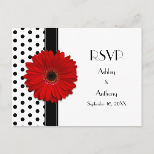 Red Daisy Schwarz-weiß Polka Dot Wedding RSVP Einladungspostkarte