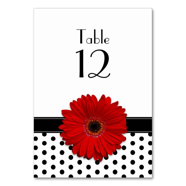Red Daisy Schwarz-weiß Polka Dot Wedding Tischnummer (Vorderseite)