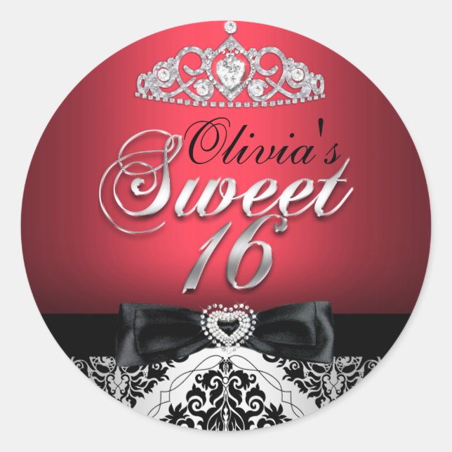 Red Damask & Bow 16 . Geburtstag Sticker (Vorderseite)