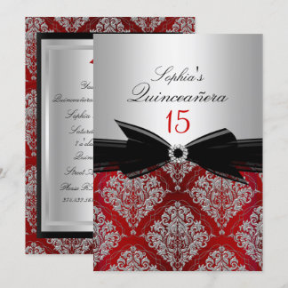 Red Damask Bow Quinceanera Ankündigungen