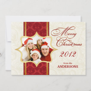 Red Damask Christmas Foto Flat Card Feiertagskarte