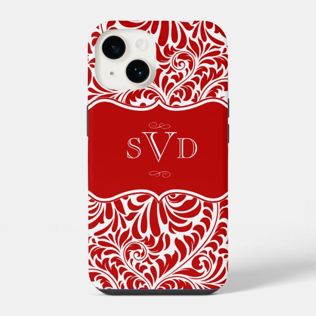 Red Damask Design Monogramme Custom Case Mate iPho iPhone Hülle (Rückseite)