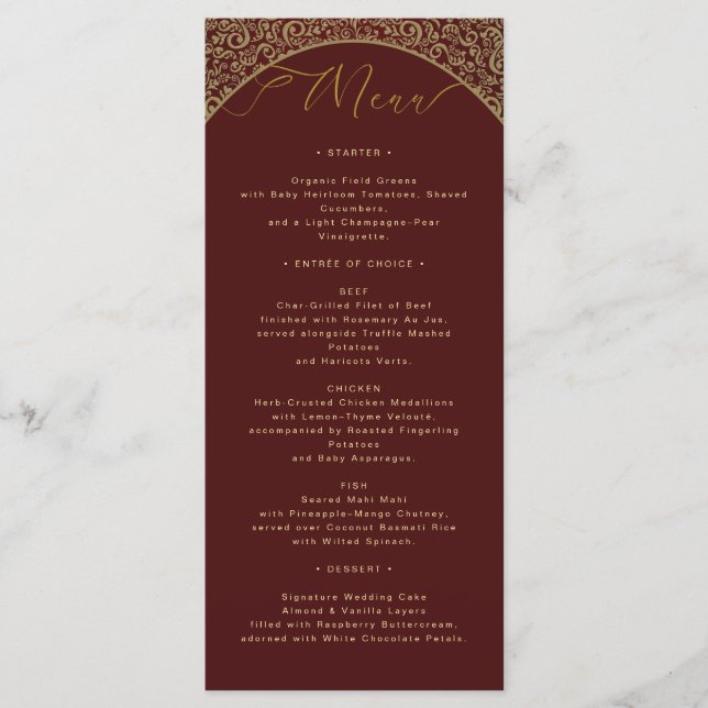 Red Damask Elegante Wedding Menu Card Menükarte (Vorderseite)