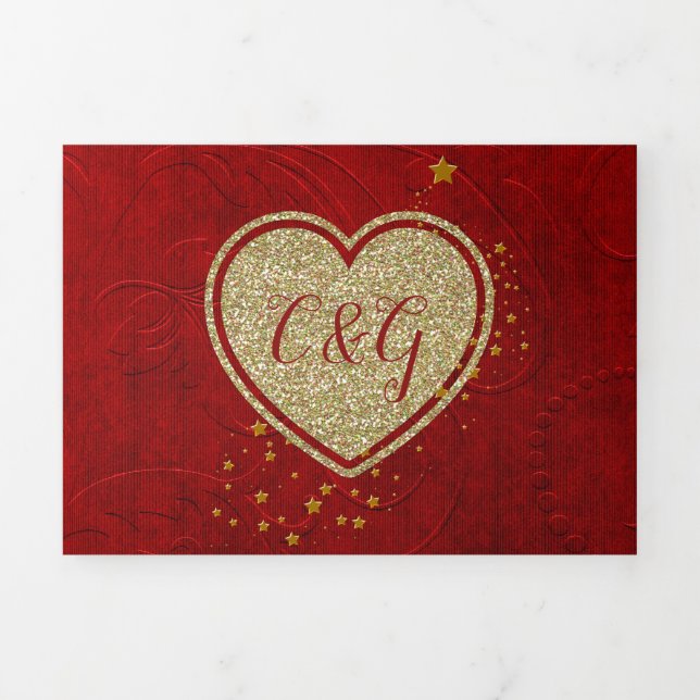 Red Damask Gold Heart All in One Wedding Dreifach Gefaltete Einladung (Cover)