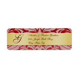 Red Damask Gold Monogram Christmas Address Labels